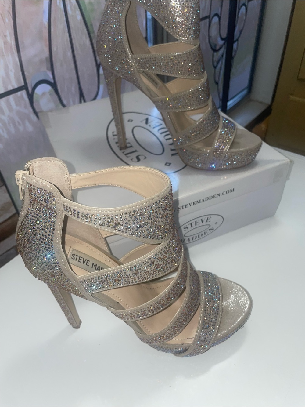 Elegant Gladiator-Style Platform Party Shoes with Swarovski crystals.